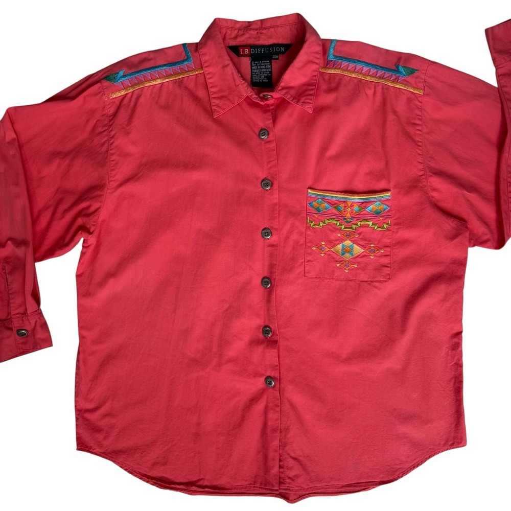 Vtg IB Diffusion Womens Western Shirt Plus 22W Coral Colorful Embroidery Cowgirl